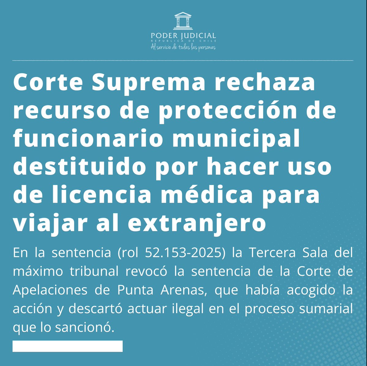 PJudicialChile's tweet photo. Corte Suprema rechaza recurso de protección de funcionario municipal destituido por hacer uso de licencia médica para viajar al extranjero https://t.co/xa1eEV7JLs https://t.co/UuurVEu8Dc