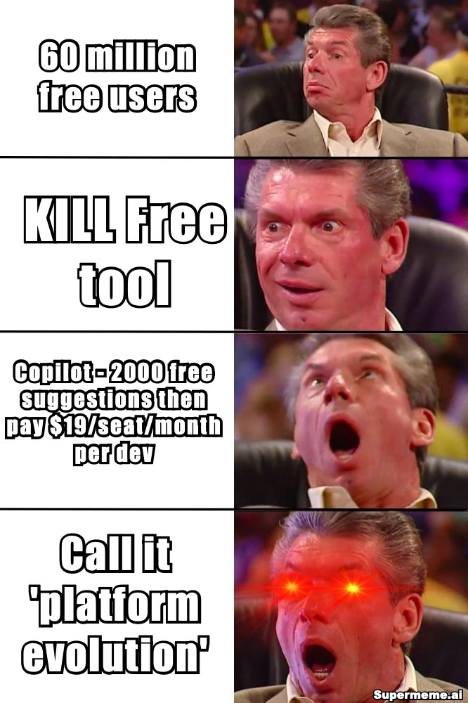 gothburz's tweet image. A few days ago Microsoft deactivated IntelliCode in VS Code.

60 million downloads.

Free.

Unlimited suggestions.

Worked offline.

They killed it.

The replacement is Copilot.

2,000 free suggestions.

Then you pay.

I called it "platform evolution."

Leadership loved that…