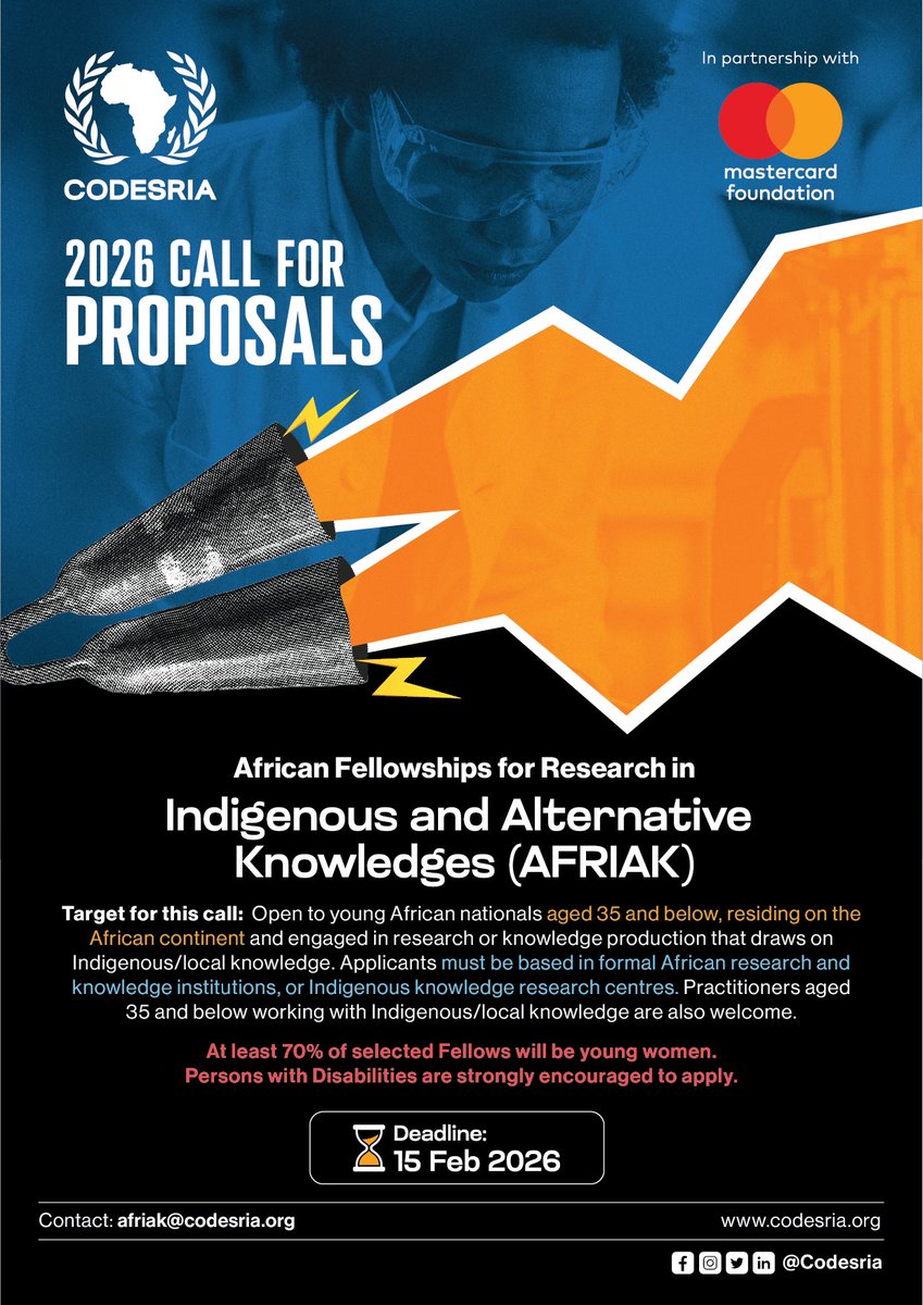 📢 Calling young African researchers! Apply now for the 2026 AFRIAK Call for Proposals—a fellowship to co-create knowledge with Indigenous knowledge holders &amp; academic mentors. 🌍✨ Dive in: codesria.org/2026-afriak-ca… #AFRIAK2026 #Research #Africa