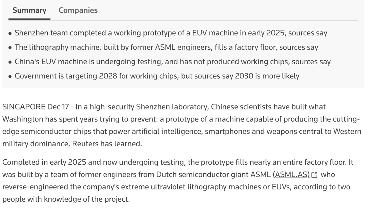 I guess enough people know about this in Shenzhen that even Reuters caught on? lol

I'm going to respect the high level of OPSEC around this project &amp; not say too much. But China has built an entire supply chain here. So, we will have lithography involution at some pt in China.