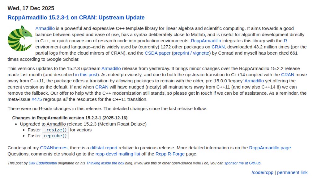 Screenshot of blog post at https://dirk.eddelbuettel.com/blog/2025/12/17#rcpparmadillo_15.2.3-1 describing release 15.2.3-1 of CRAN package RcppArmadillo