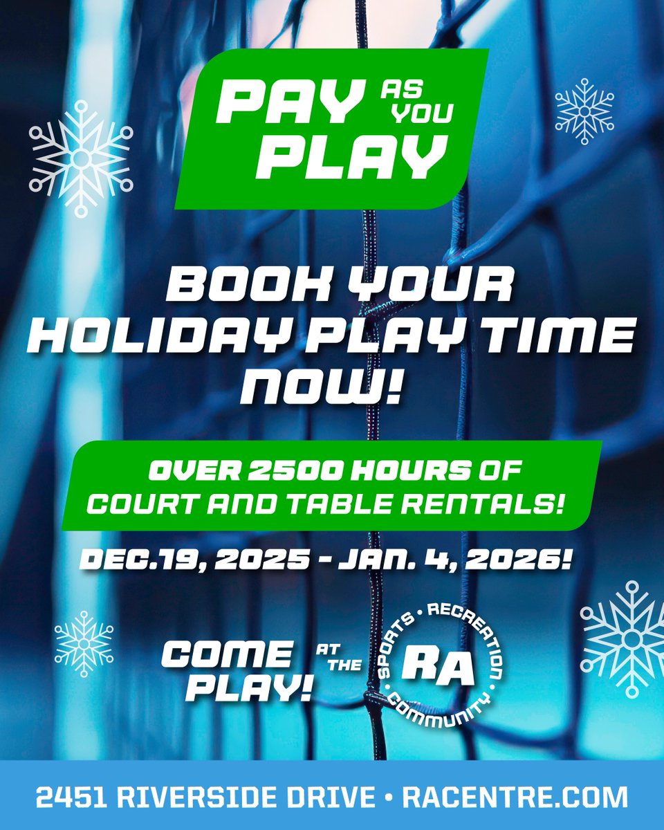 Our expanded Pay-as-You-Play Holiday Schedule is NOW OPEN! 👋

Enjoy OVER 2,500 HOURS of court rentals with NO booking restrictions! Book ANY Pickleball or Badminton court from Dec. 19 to Jan. 4!

Spots are filling FAST! Book your court TODAY at racentre.com/drop-in
