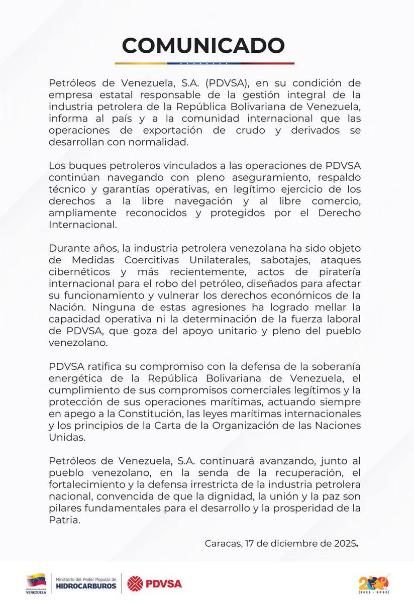 Comunicado de PDVSA publicado por la vicepresidenta Delcy Rodríguez, indicando que las operaciones de exportación de petróleo y sus derivados se desarrollan con normalidad.