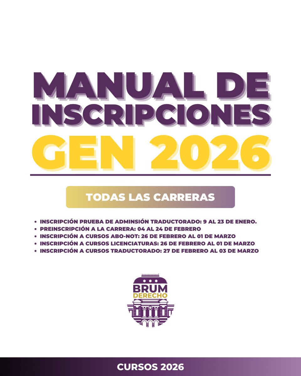 🏛️ | GENERACIÓN 2026

Si estás interesado en cursar el próximo año en FDER, te dejamos la información necesaria para que puedas inscribirte a las distintas carreras, y las fechas importantes que debes tener en cuenta. 🦉💜