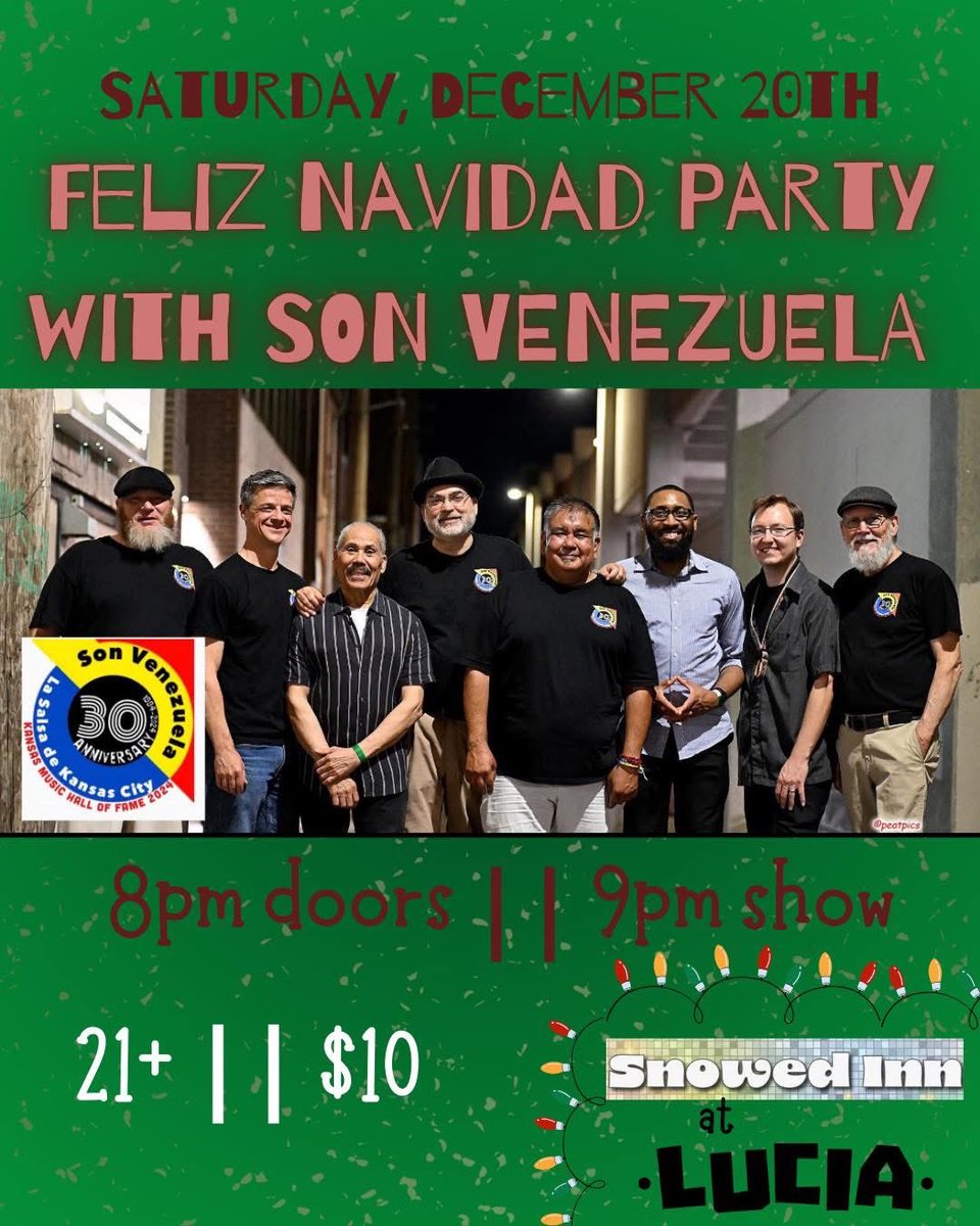 sonvenezuela's tweet photo. This Saturday 12/20/2025  it’s the season to Salsa. See you at @LuciaLawrenceKS  for our Feliz Navidad Party @midwestshows  @ksmhof @LawrenceKSTimes #LFK @LJWorld #LawrenceKS #Salsa #kansascity #Venezuela #Kansas @sonvenezuela https://t.co/O6Rvpmw8sl
