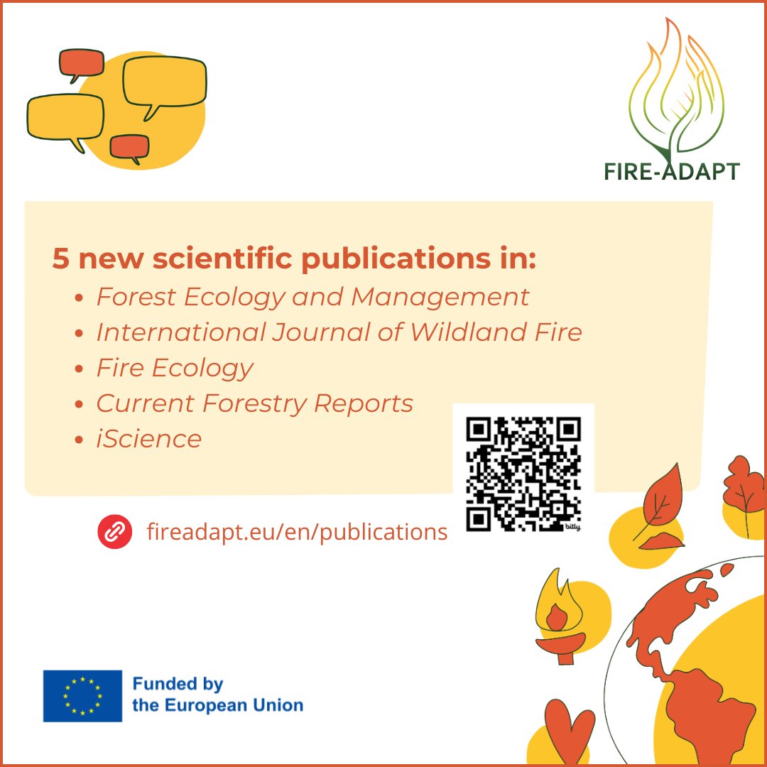 FIRE_ADAPT's tweet photo. 📣 Check out #FIREADAPT science!
We’re sharing 𝗳𝗶𝘃𝗲 𝗻𝗲𝘄 𝗽𝗮𝗽𝗲𝗿𝘀 from consortium members on our website — showcasing advances in #IntegratedFireManagement 🔥🌱
📚 Topics include:
📌 A roadmap for #NatureBasedSolutions to extreme wildfires
📌Post-fire treatments to enhance restoration in Mediterranean forests
📌Fire suppression difficulty for initial attack response
📌 Active vs passive #forestmanagement and #ecosystemservices
👏 Kudos to all authors and partners!
🔎Explore the papers here 👉 https://t.co/q329f8F4RL