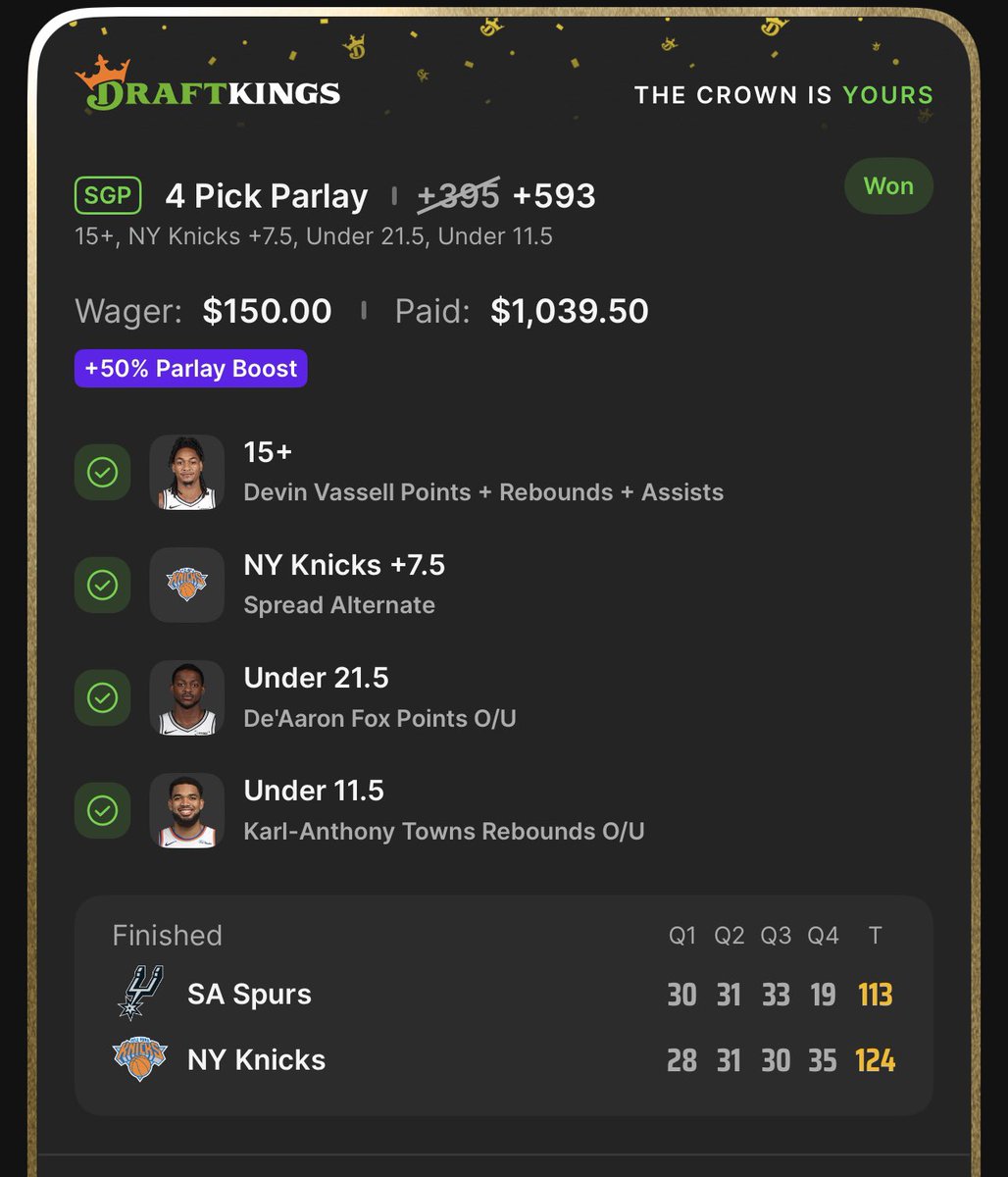 Asianlocks2Mr's tweet image. 🧹NBA CUP FINAL SWEEP🧹

1U Karl Anthony Towns U11.5 rebounds -135✅

1U De’aaron Fox U21.5 pts -122✅

1U Knicks +7.5/Vassell 15+ PRA -150✅

+593✅

+1065✅