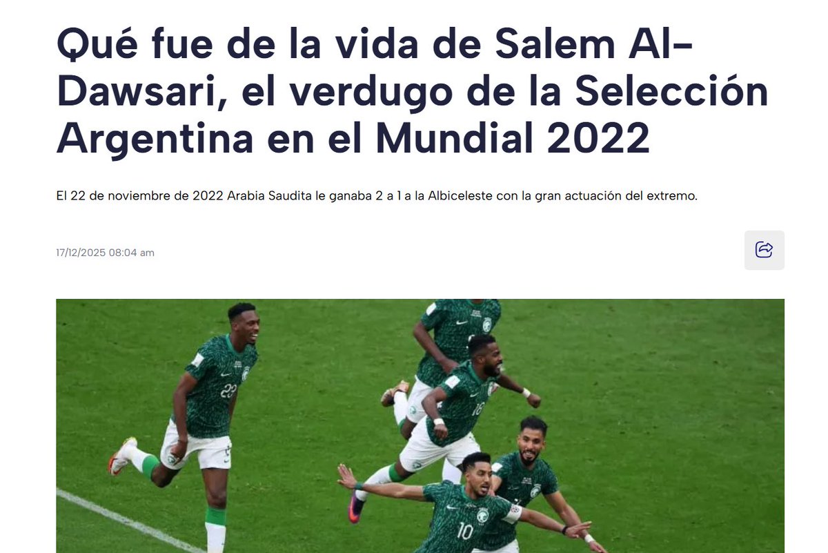 🚨🚨شبكة "tycsports" الأرجنتينية تنشر اليوم تقرير رائع عن قائد #الهلال سالم الدوسري وتصفه بـ"الأيقونة" السعودية، وتقول عنه: "لحظة تسجيله هدفه التاريخي في مرمى منتخب الأرجنتين خلال مونديال 2022، أبرزت قدراته الفنية ومهاراته المميزة التي تضعه بين أفضل لاعبي السعودية في التاريخ