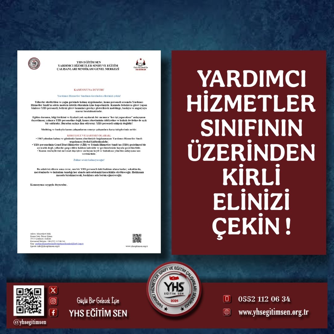 KAMUOYUNA DUYURU

Yardımcı Hizmetler Sınıfının üzerinden ellerinizi çekin!
 
Yıllardır sürdürülen ve çağın gerisinde kalmış uygulamalar, kamu personeli arasında Yardımcı Hizmetler Sınıfı’nı adeta modern kölelik düzeninin içine hapsetmiştir. Kamuda fedakârca görev yapan binlerce