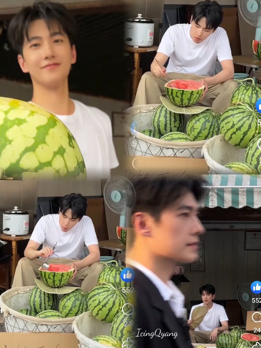 icingquinyang2's tweet photo. #ALookBack #YangYang杨洋 and watermelon shots to add to our collection. He definitely is the #godofvisuals as he sets himself up as a vendor eating happily and then a well dressed #YangYang passes by. #Brilliant! #watermelonlover https://t.co/ikvH40URCL