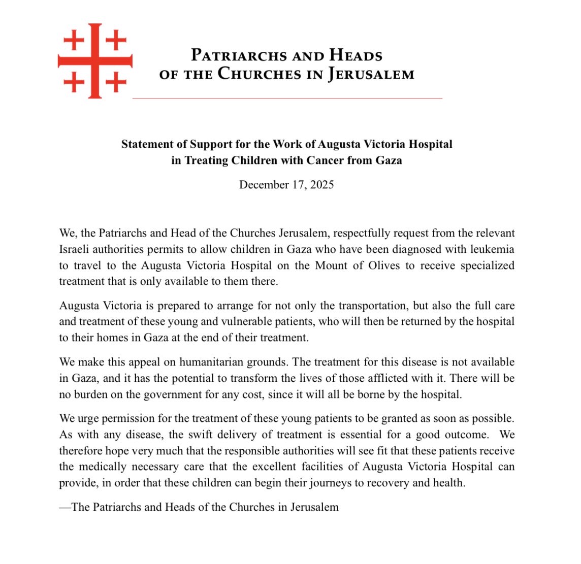 kbalian90's tweet image. BREAKING: Jerusalem’s Church leaders urge Israeli authorities to grant permits for Palestinian children in Gaza with leukemia to reach Augusta Victoria Hospital for life-saving treatment.
