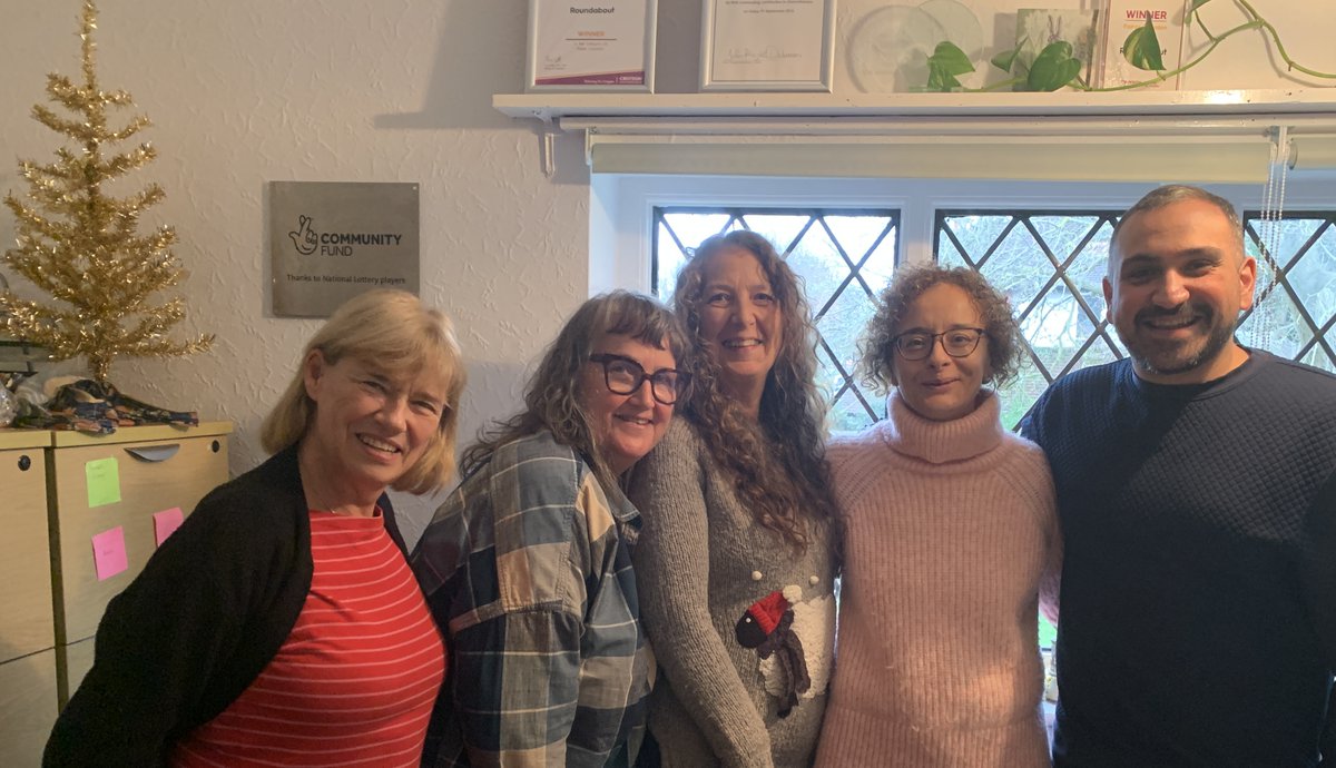 roundaboutdrama's tweet photo. Lovely to be joined by Lynn Cedar and Hazel, who came into the office for a festive visit today to wish everyone at Roundabout Happy Christmas. https://t.co/7zEJBr1LRc