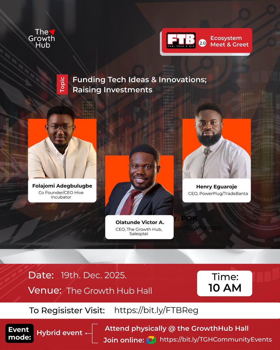 thegrowthhub30's tweet image. If you’re a Tech Startup or Business owner in #Akure or #OndoState, and you’ll like to raise funds, get investment or drive your innovations in 2026

Join @folajominrg @CrusaderHenry1 and @AdeoluwaVictor in this conversation on Friday 19th Dec. 

Sign up: bit.ly/FTBReg