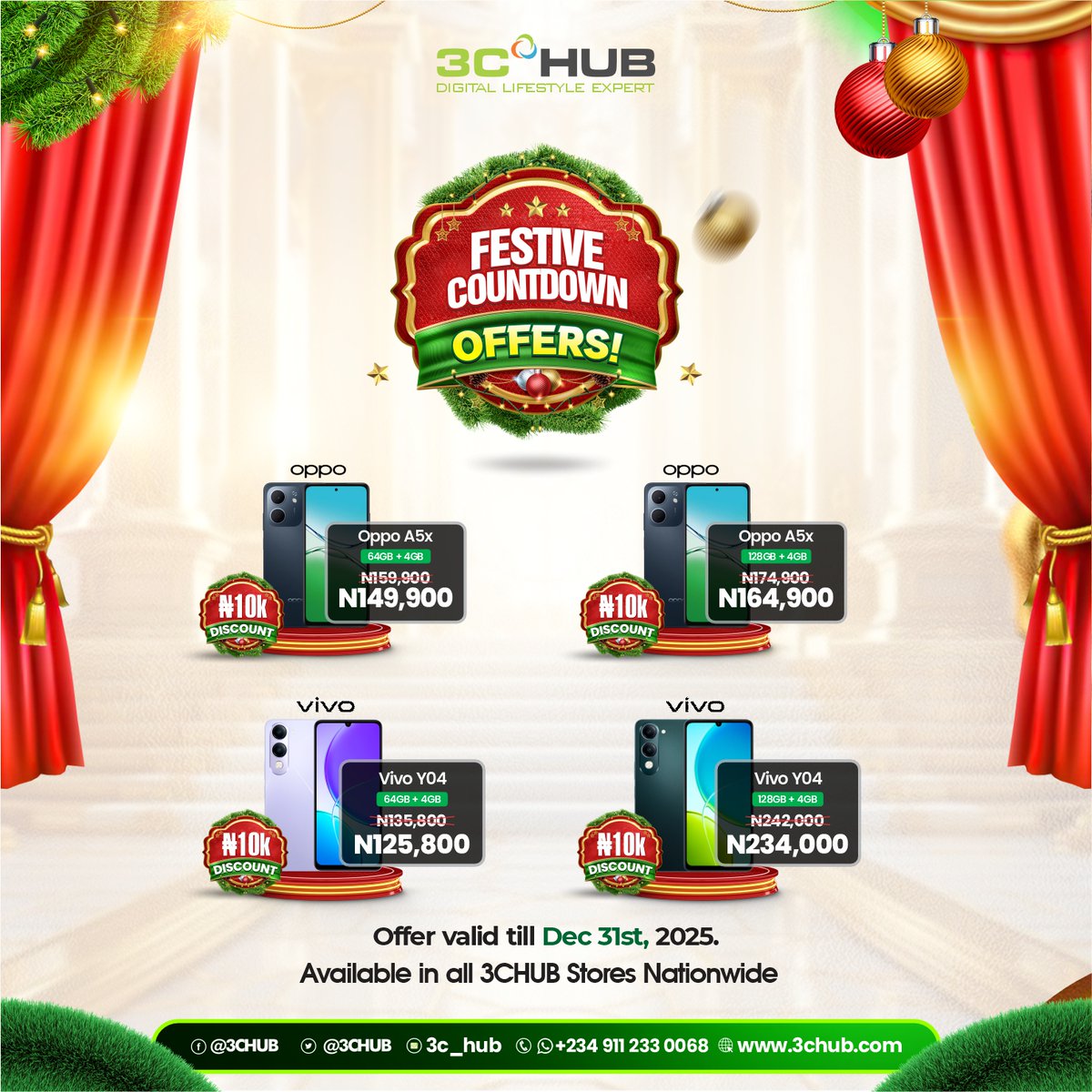 3CHUB's tweet photo. Festive Countdown at 3C Hub!

₦10k OFF OPPO &amp; vivo phones.

OPPO A5x from ₦149,900

vivo Y04 from ₦125,800

Available nationwide. Upgrade today!

#3chubembersales #FestiveCountdown #DigitalLifestyle #OPPODeals #VivoDeals https://t.co/IiIo0OtECU
