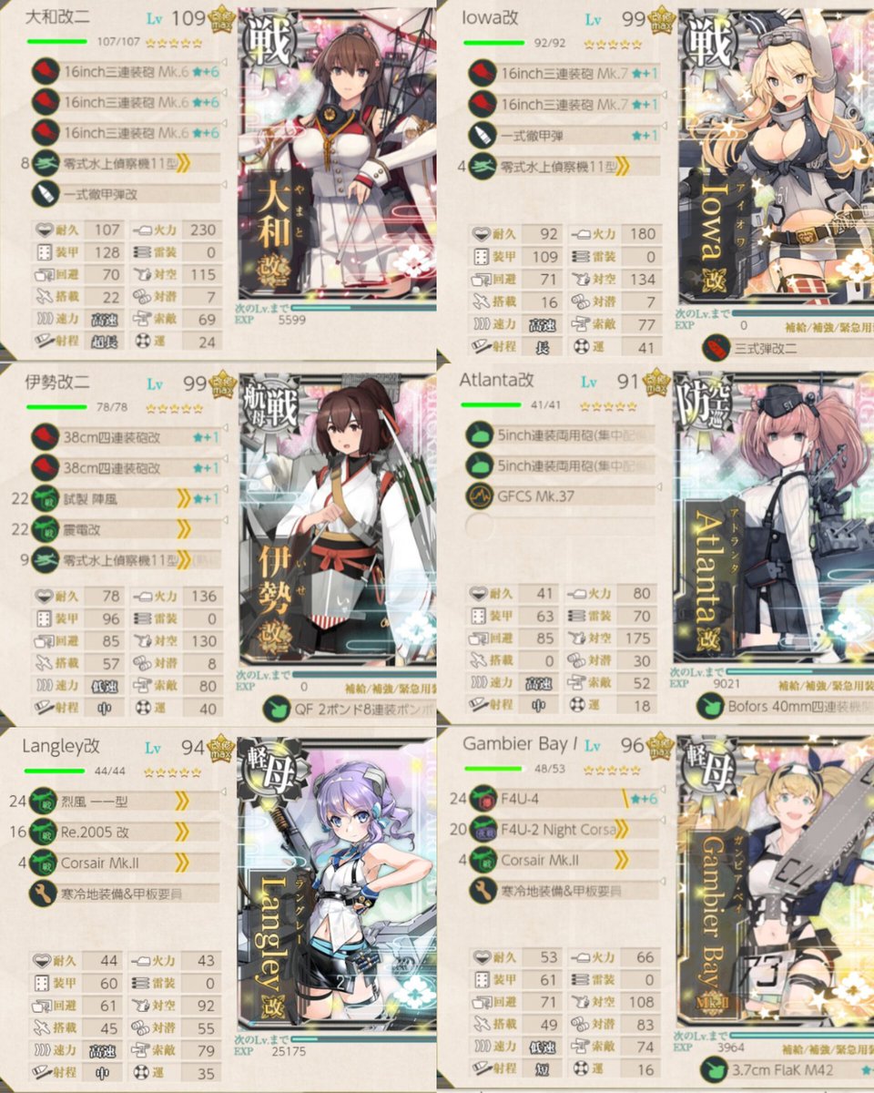 kankorestudy's tweet image. E5-4丁　突破編成
強さこそ正義

ギミックも破砕もなし。
道中の安定も兼ねて制空優勢を取りに行くことに。
陸攻のみの基地航空隊を全てボスにぶつけ、伊勢＋軽空母2＋第2艦隊のコマさん＋Zaraの計5隻で制空優勢。

後は大和タッチ＋弾着で、日米最強戦艦コンビが暴れまわるのに期待しました！
#艦これ