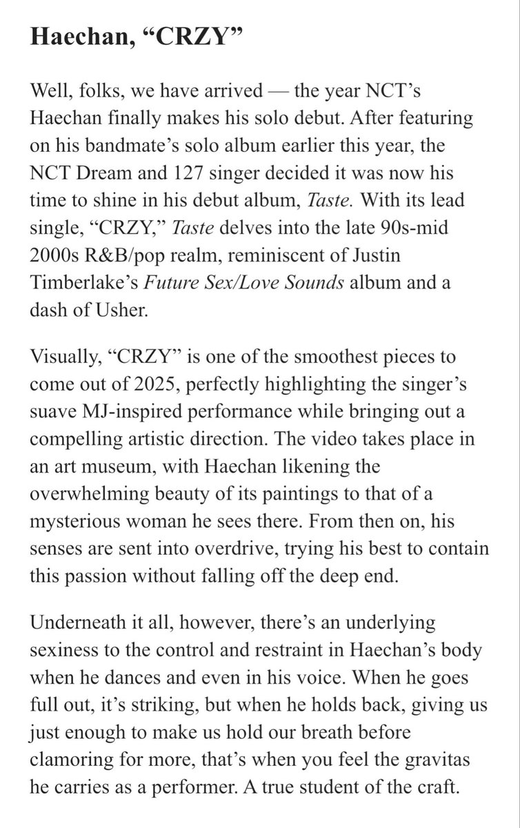 dailyhaechan's tweet photo. HAECHAN - CRZY was listed as Teen Vogue’s best kpop music videos of 2025. https://t.co/fA7F8JLH8i
