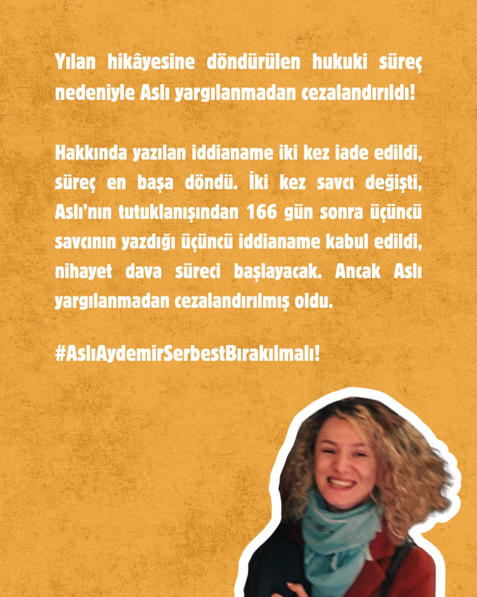 Artık bu hukuksuzluğun sona ermesi gerekiyor! 
166 gündür büyük bir haksızlığa maruz bırakılan arkadaşımız Aslı bir gün bile beklenmeden, derhal serbest bırakılmalı!

#AslıAydemirSerbestBırakılmalı