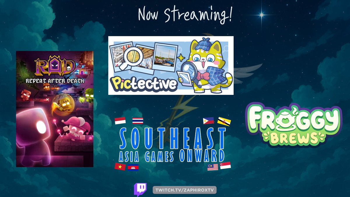 [Now Live]
Now for SEAGO!
3 Good lookin games from different studios as part of the SEAGO Festival <a href="/SEAGamethetic/">South East Asia Game Aesthetic</a>! 

Going first we got RAD from <a href="/ExplodingSoes/">Exploding Soes 💥 | WISHLIST RAD!</a> 
Followed by Pictective from <a href="/noobzilla_team/">Cats & Seek 😻🔍 Wishlist on Steam</a> 
And finally Froggy Brews from <a href="/KomodoRange/">Froggy Brews 🐸🍵 | WISHLIST NOW ON STEAM!</a> 

twitch.tv/ZaphiroxTV