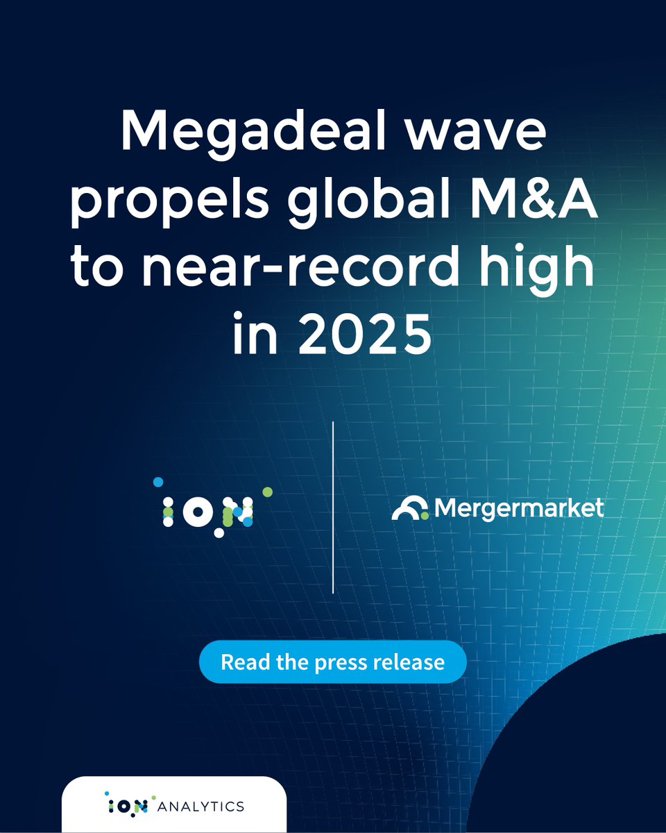IONAnalytics's tweet image. Global M&amp;amp;A soared to USD 4.81 trillion in 2025, the second-highest year on record, driven by bold, industry-shaping #megadeals, according to Mergermarket’s latest M&amp;amp;A Highlights FY25 report. Check out our press release for more! on.iongroup.com/48HBxZY