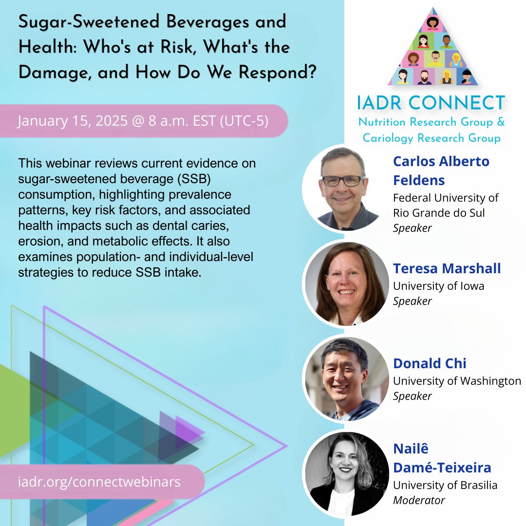 IADR's tweet image. "Sugar-Sweetened Beverages and Health: Who's at Risk, What's the Damage, and How Do We Respond?"
Hosted by the IADR Nutrition Research Group &amp;amp; Cariology Research Group

🗓️January 15
⌚8 a.m. PST
🔗ow.ly/CPhX50XKVFm

#oralhealth #toothdecay #caries #cavities #dentalresearch
