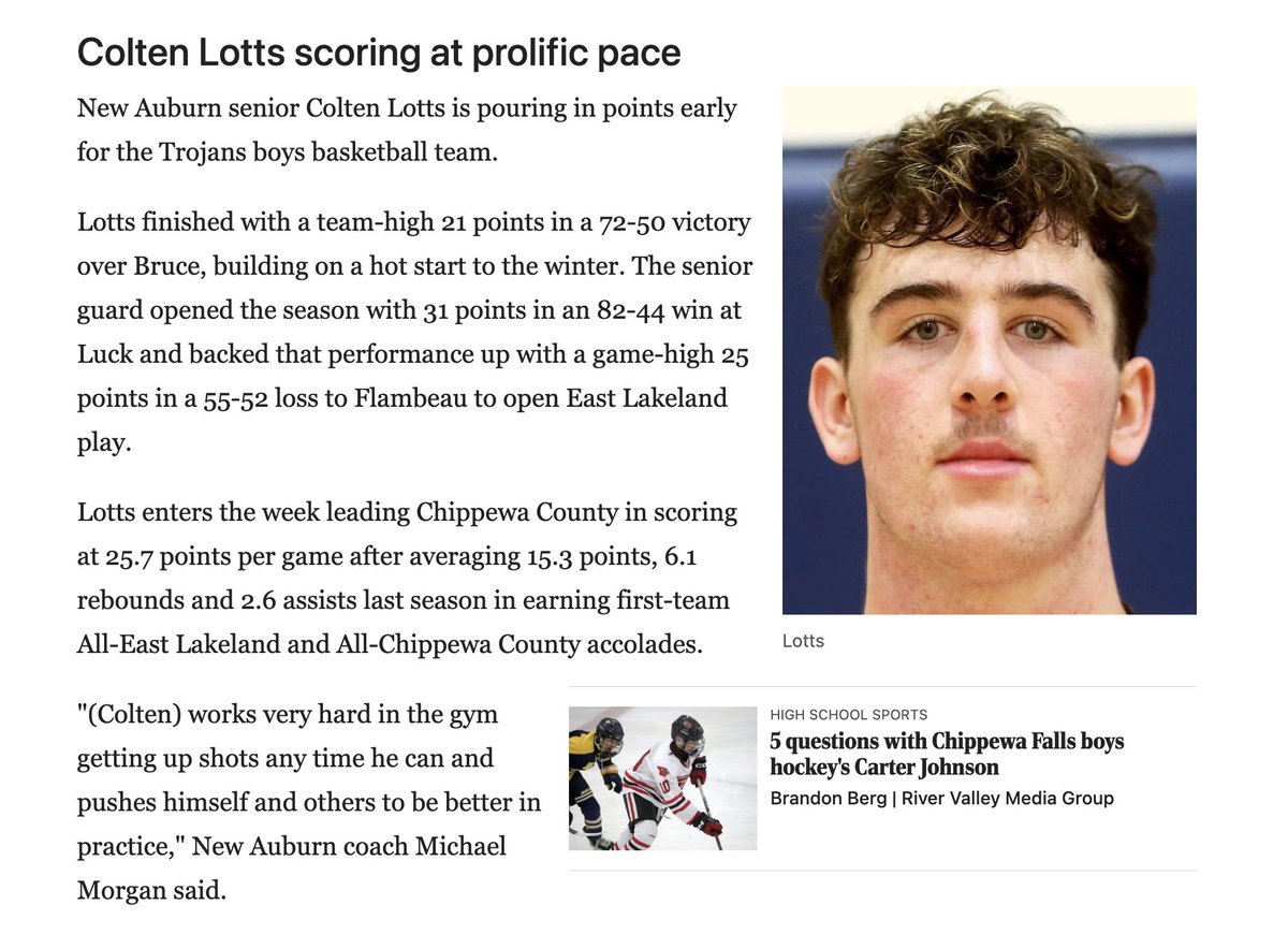 CV_Select's tweet image. Congrats to Colten Lotts of New Auburn for his hot start to the season.  He is averaging 25.7ppg.  
@ColtenLotts 
@ChpHeraldSports 
#CV_Select