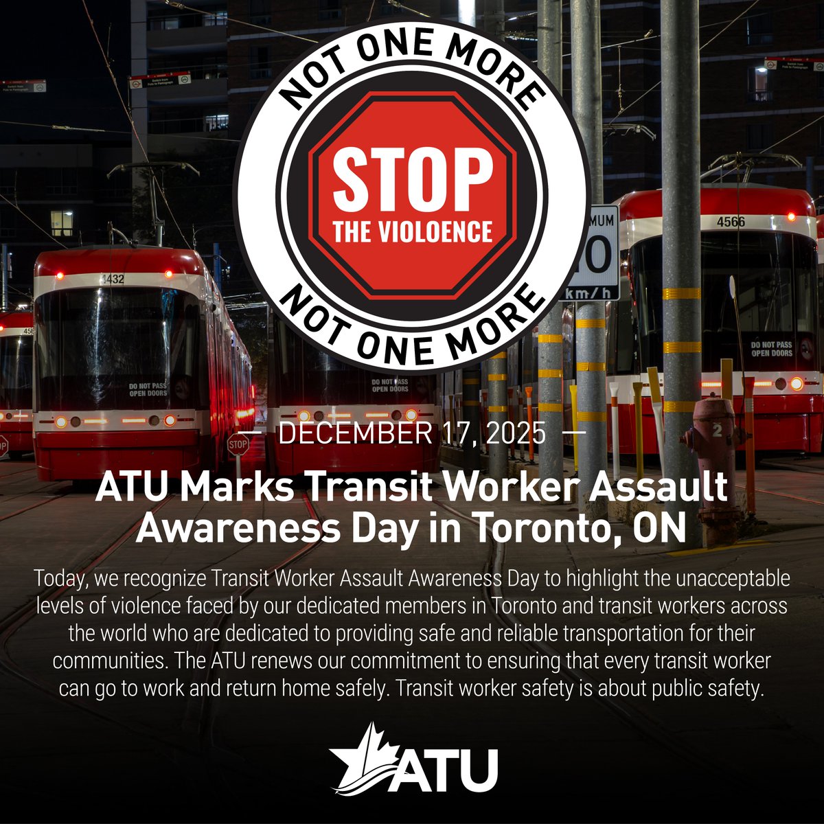 atu_canada's tweet photo. Transit workers like all workers, deserve to go to work and come home safe. Full stop.

On Transit Worker Assault Awareness Day, we’re calling out the rising violence facing operators in Toronto and across the country. No worker should be punched, threatened or attacked for doing their job. Not one more.

ATU Canada continues to push every level of government to take this crisis seriously and protect the frontline workers who keep our cities moving. Transit worker safety is public safety.