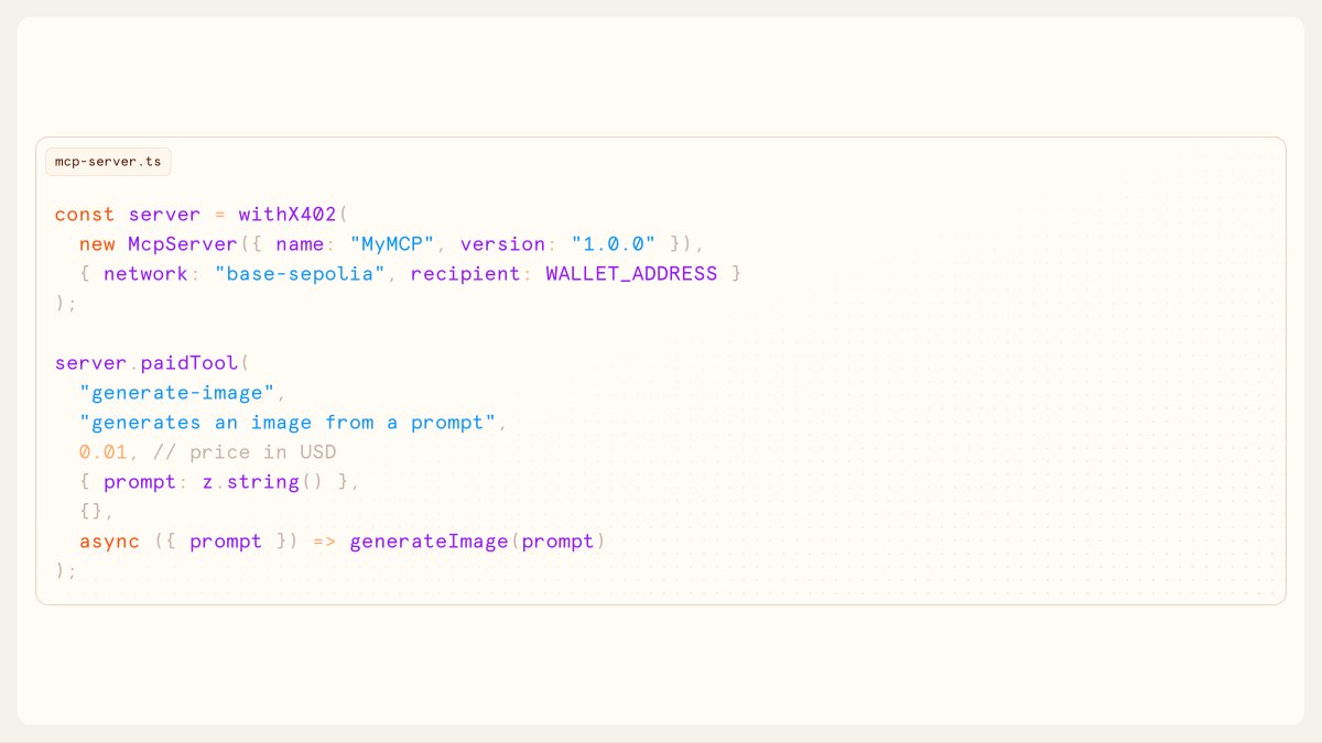 4/ åçåãããAIããŒã«ïŒx402ïŒ
æå·é貚ã«ããæ¯æãã§ã䜿çšéã«å¿ããŠèª²éããã MCP ããŒã«ãæ§ç¯ããŸãããšãŒãžã§ã³ãã®æ©èœçšã«ææ API ãäœæããŸãã
