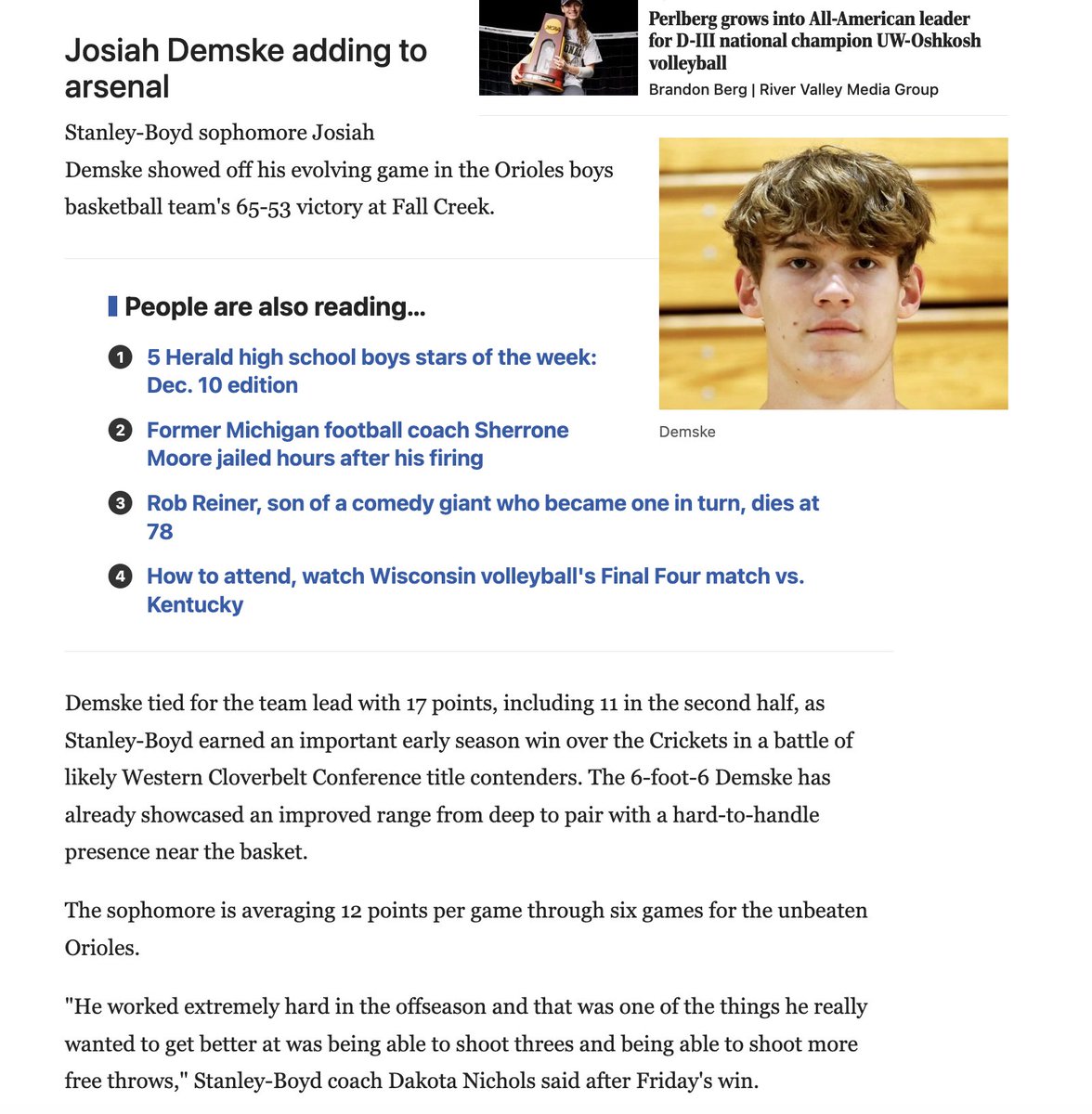 CV_Select's tweet image. Congrats to Josiah Demske of Stanley-Boyd for helping Stanley-Boyd start off 7-0 on the season.
@ChpHeraldSports 
#CV_Select