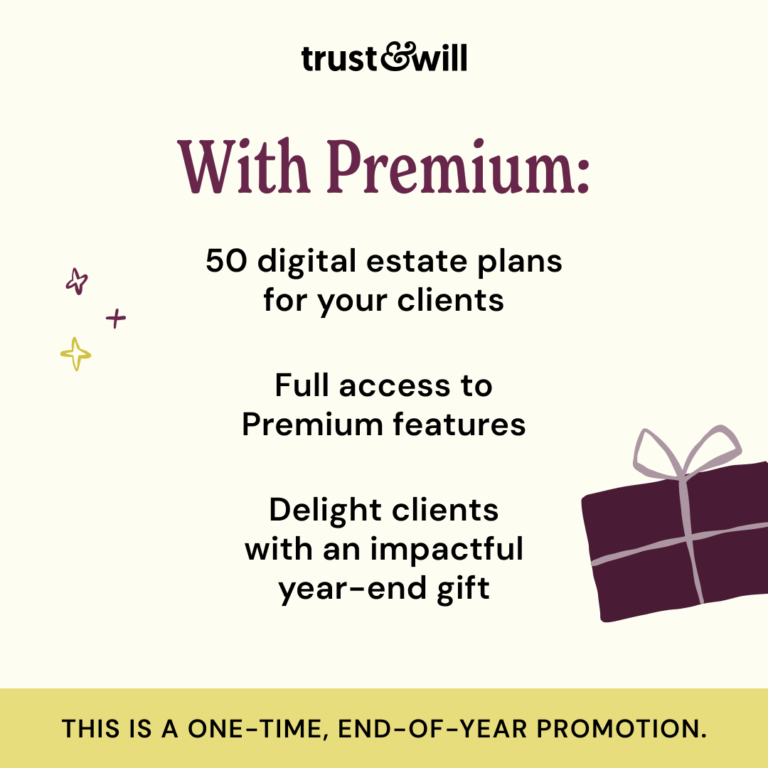 trustandwill's tweet image. Advisors: don't miss your final chance at this exclusive year-end offer of 50% off of our Premium Subscription.

Only valid through December 31, 2025.  👉 Don't miss this one-time offer: bit.ly/4pHHFqy 

#FinancialAdvisors #AdvisorTech #AdvisorGifts #FinanceGifts