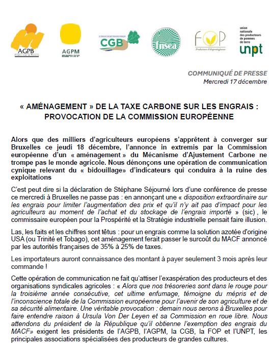 FopProducteurs's tweet photo. L’“aménagement” du MACF sur les engrais est une provocation : 35% → 25% de surcoût, trésoreries exsangues, importateurs fixant les coûts après commande… Le monde agricole refuse ce bidouillage et exige l’exemption totale des engrais. Rendez-vous à Bruxelles ! » https://t.co/Py601XD1yP