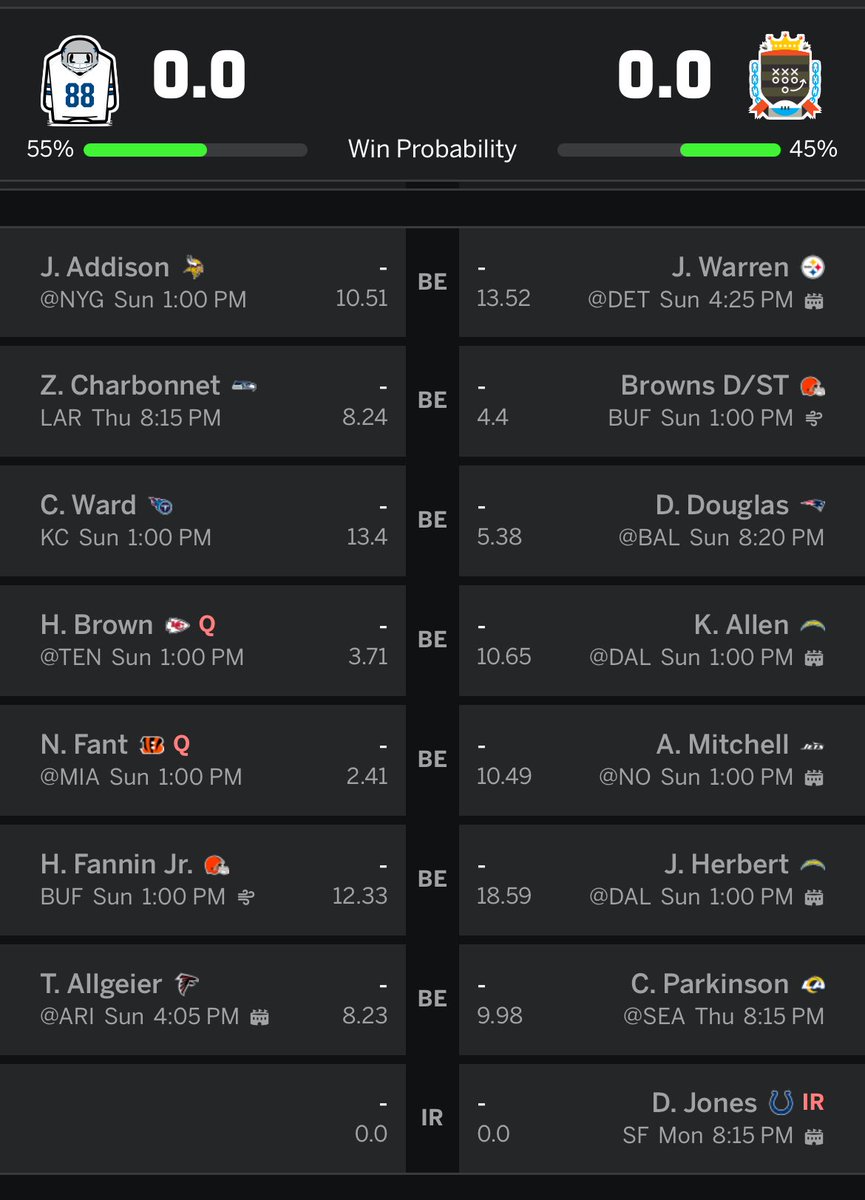 zacharymclearen's tweet photo. Big week in the MFFL Semis… Facing my cousin and I’m not liking my chances in this PPR league with Watson and Rice as questionable. 

@heathcummingssr any lineup suggestions? I’m the team on the right. 

#FantasyFootball #RUTS https://t.co/NSawLAVLyb
