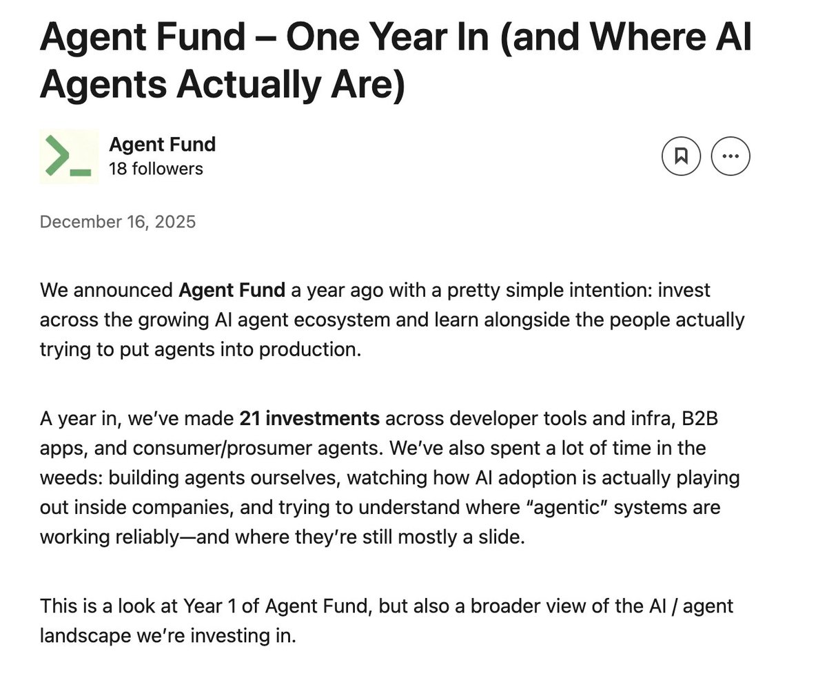 对于经纪人来说,今年是令人难以置信的一年,我和 @adamsilverman 以及 @alexreibman 一起运营 @theagentfund 也非常愉快。
我们已在整个生态系统中进行了 21 项投资,并撰写了一份关于我们所获得的经验