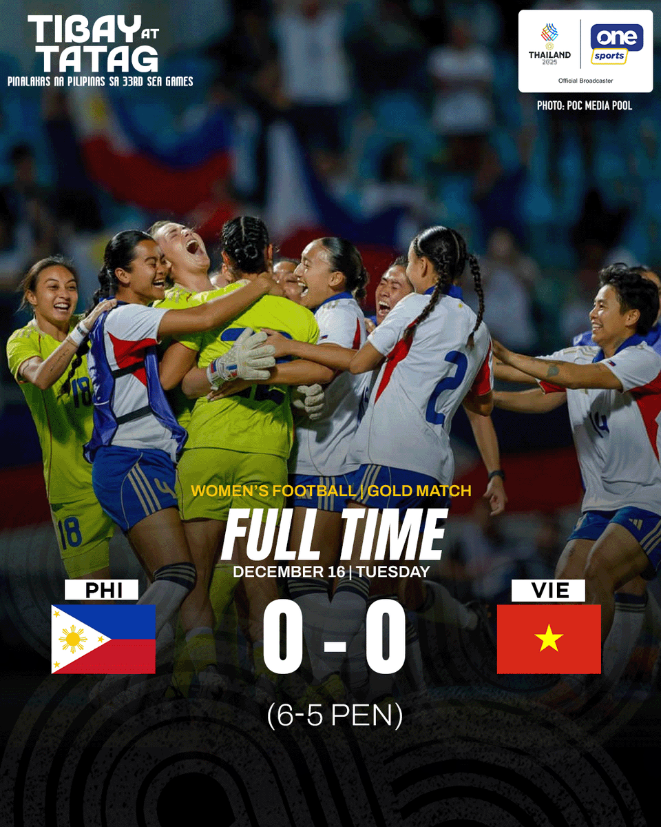 OneSportsPHL's tweet photo. The Filipinas MAKE HISTORY for the Philippines, clinching the elusive GOLD MEDAL FOR THE FIRST TIME as they survive Vietnam after battling for a full 120 minutes and a sudden death penalty shootout in the women's football event at the #SEAGames2025!

#SEAGames33 #TibayAtTatag https://t.co/LH20VEk9L3
