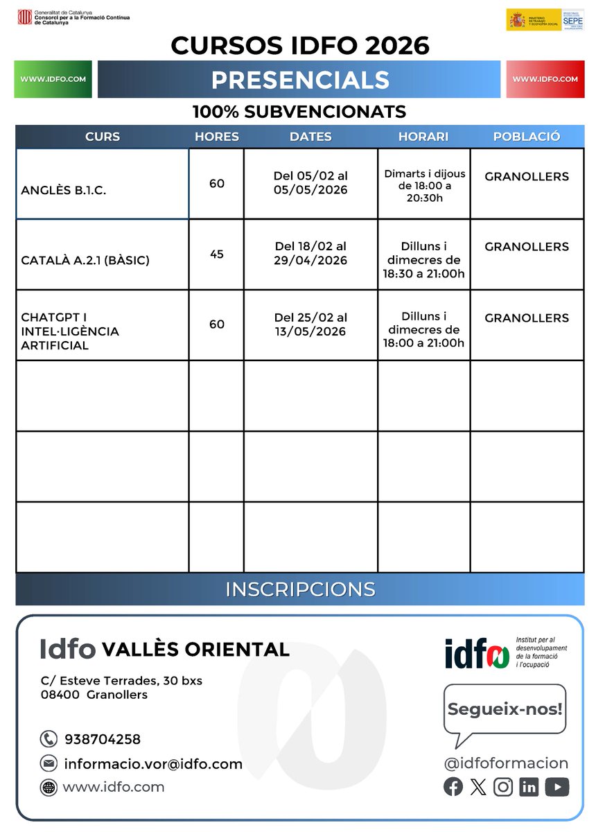 Presentem els cursos que tenim programats per iniciar el proper any 2026!! Teniu més informació a la nostra web on els trobareu publicats per territori i on podreu fer la preinscripció. 
#cursossubvencionats  #IDFOformacio
Us animem a fer una ullada i descobrir les novetats!!