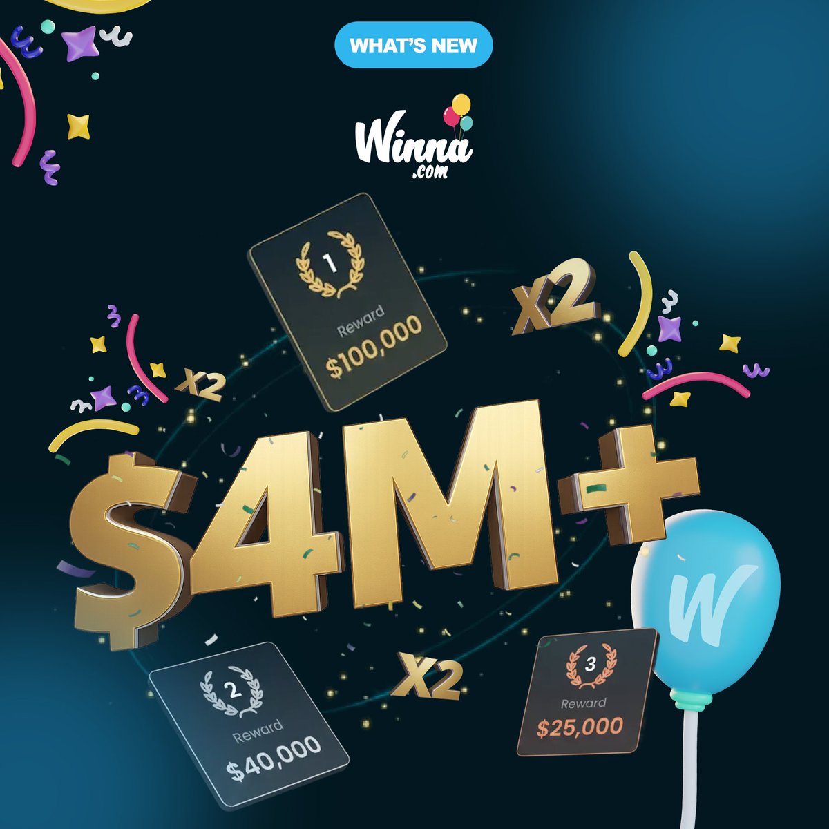 Winna's tweet image. The best part: the celebration lasts 14 days.

We’re rolling out even more - including Originals you won’t find anywhere else.

Over $4m in rewards through bonuses and promos, just for playing on Winna.

👉RT, Like &amp;amp; comment your username for 20x $500. Winna's drawn tomorrow!