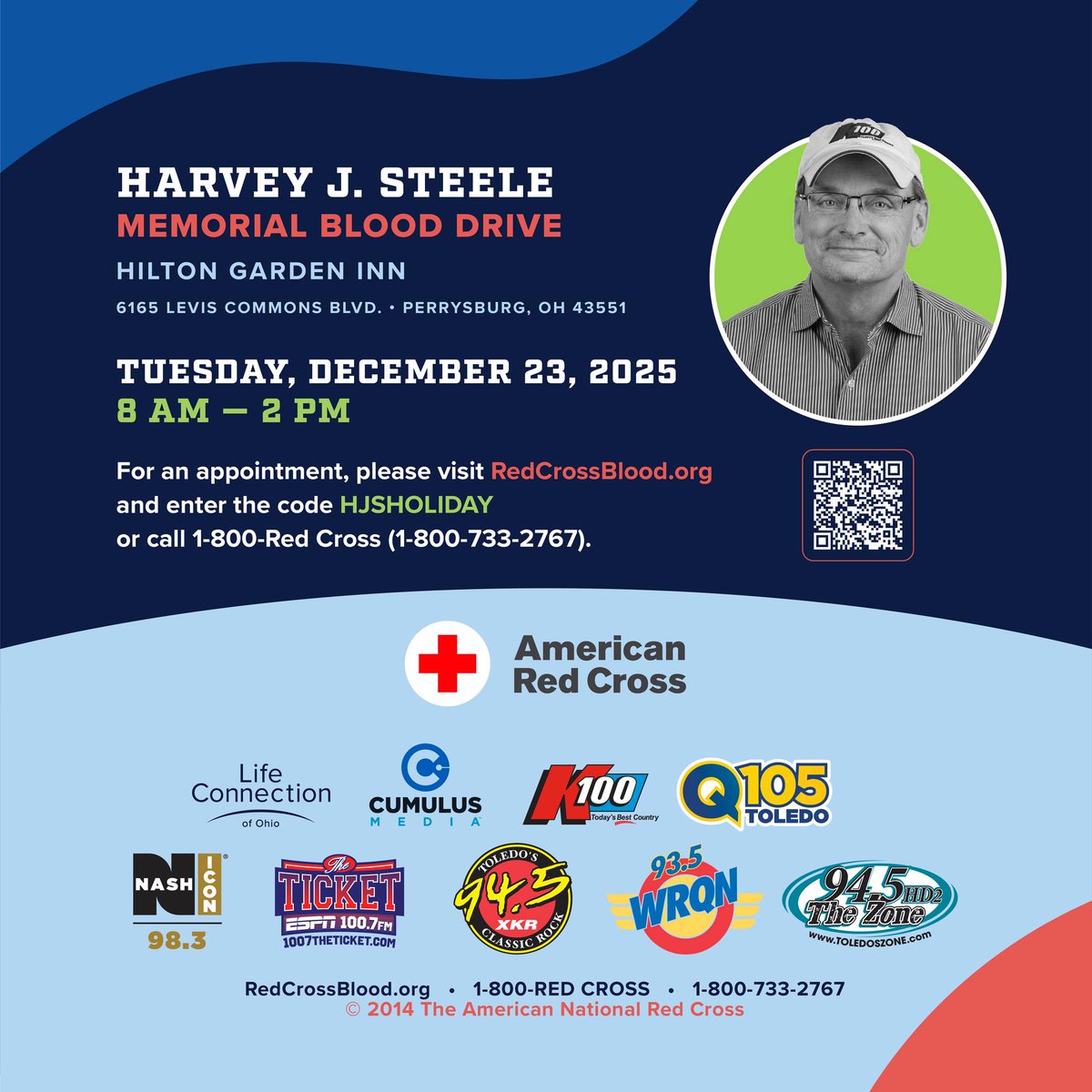 Give the gift of life by donating! 🩸

The annual Harvey J. Steele Memorial Blood Drive is Tuesday December 23rd - Register today! Use code "HJSHOLIDAY" at redcrossblood.org ❤️

Help us carry on the memory of our friend and one of Toledo's most ICONIC radio personalities!