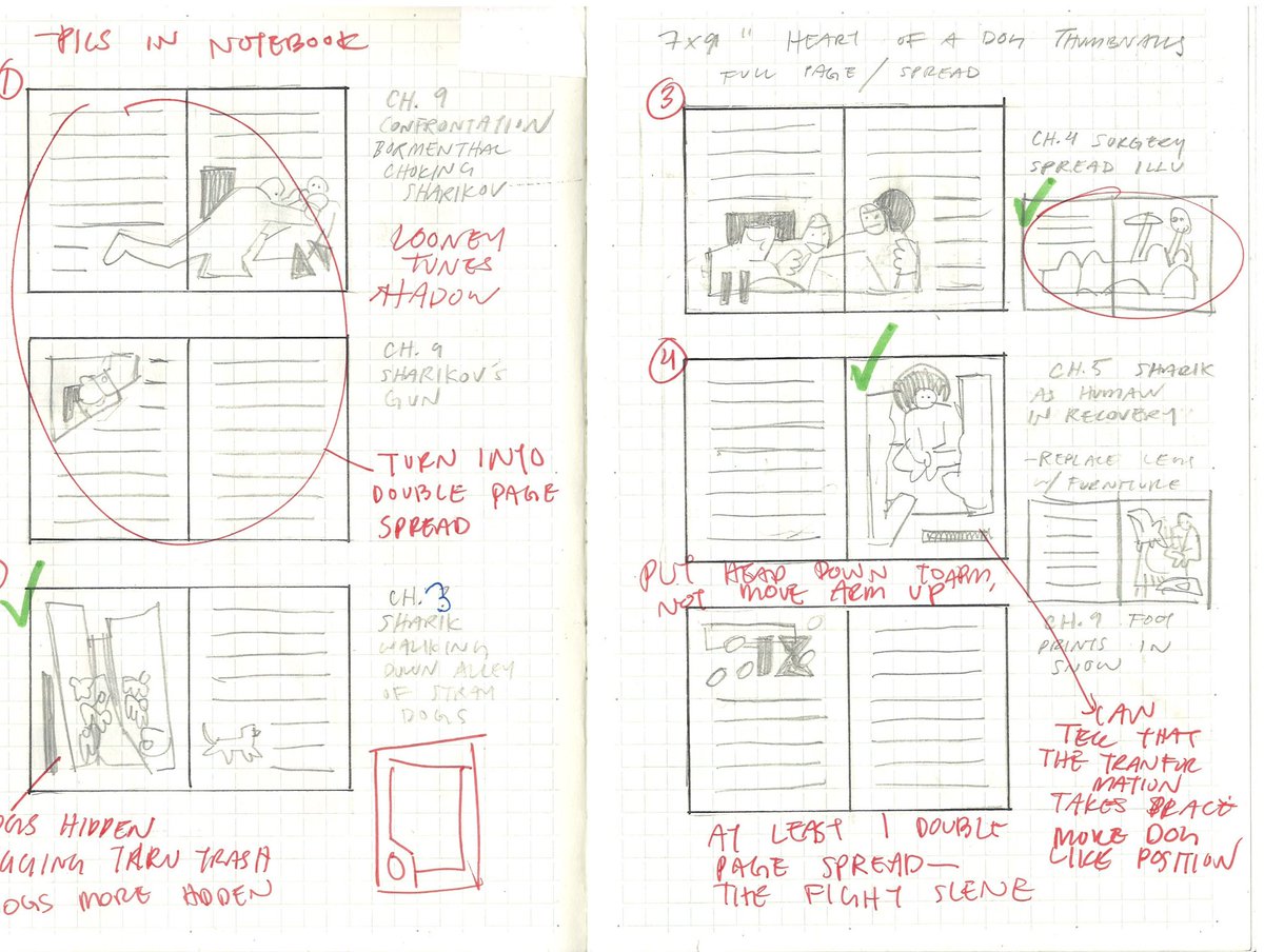 stiinken's tweet image. my first color/style proposal of the doctor and sharik, as well as my layout thumbnails and some feedback notes ^__^