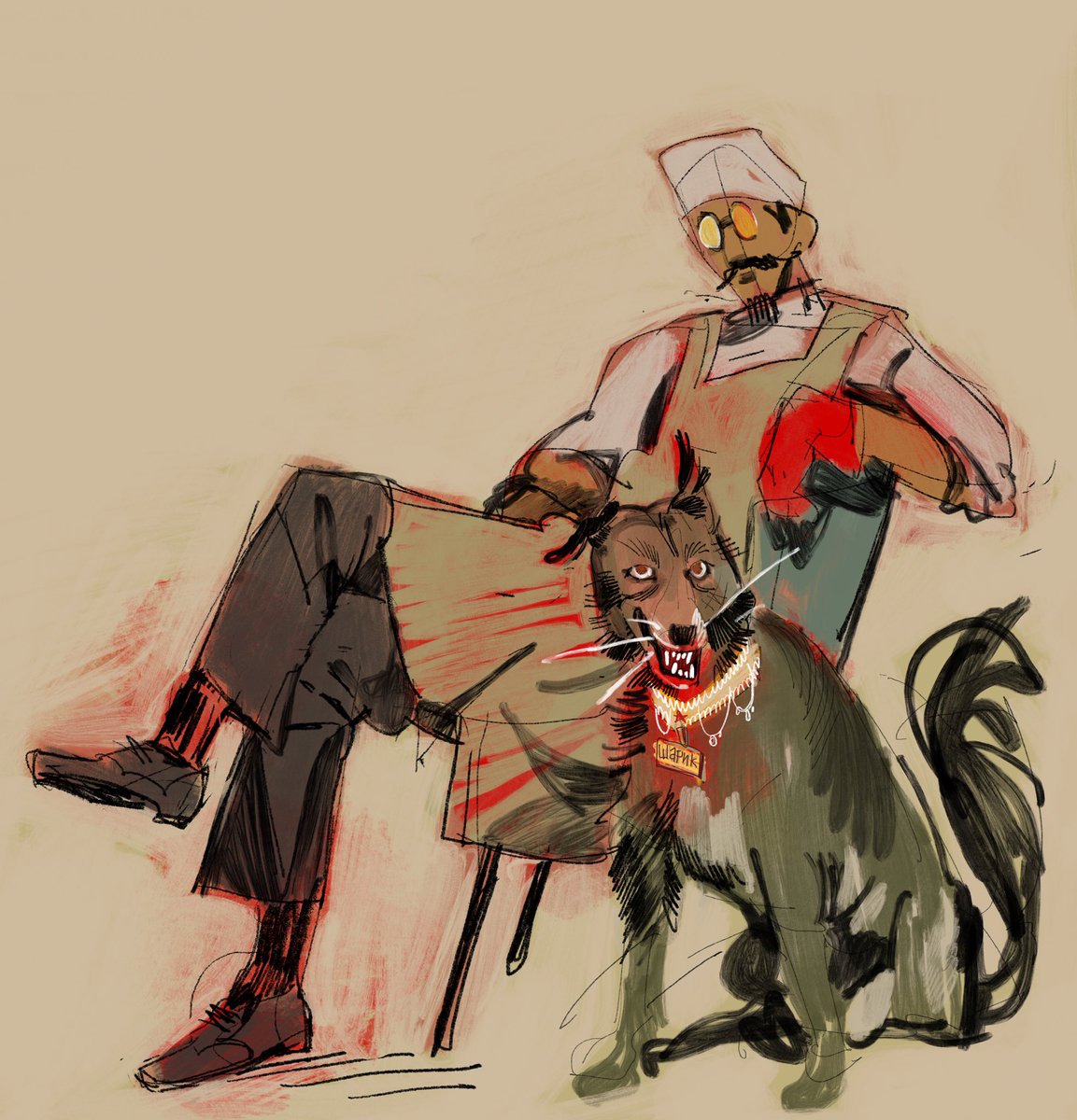 stiinken's tweet image. my first color/style proposal of the doctor and sharik, as well as my layout thumbnails and some feedback notes ^__^