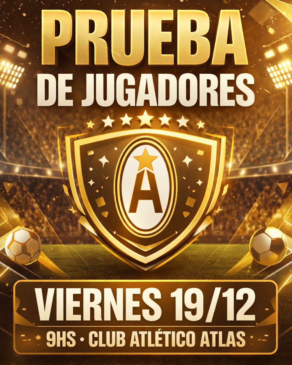 ⚽️PRUEBA DE JUGADORES ⚽️
Para el equipo de 1ra y Reserva -   ⭐️Campeonato 2026⭐️
Requisitos: 
👉Experiencia en AFA y en la categoría.
👉Asistir con indumentaria (Medias, canilleras, pantalón corto, camiseta, botines)
Viernes 19/12 - 9:00hs
Estadio Ricardo Puga – Ruta 24 y Saldías