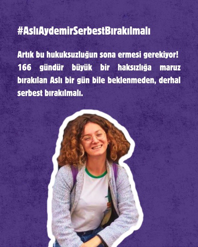 Leman dergisi protestolarına tepki gösterdiği için Akademisyen Psikolog Aslı Aydemir, tam 166 gündür, yaklaşık altı aydır, haksız, hukuksuz, adaletsiz gerekçelerle tutuklu. 
#AslıAydemirSerbestBırakılmalı