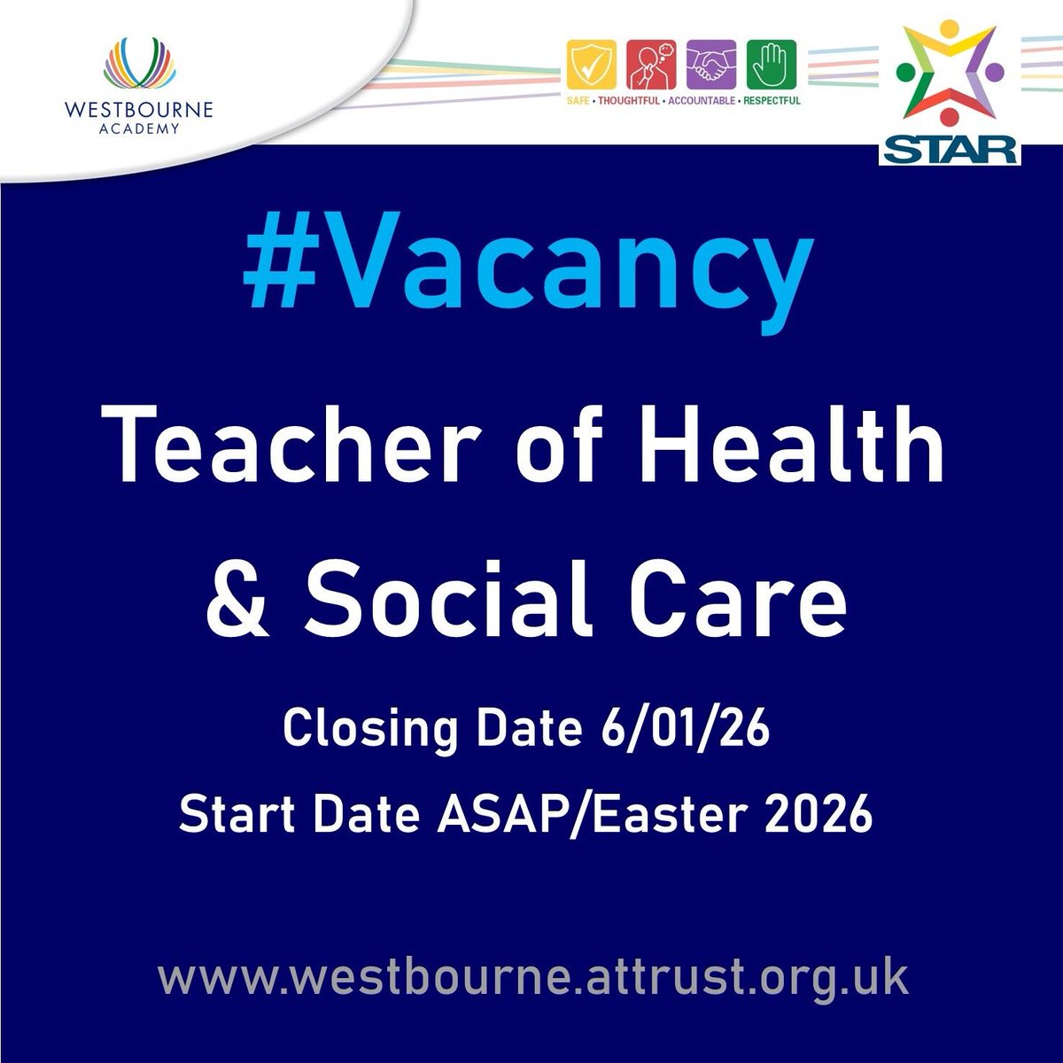 We are seeking to appoint a Teacher of Health &amp; Social Care who can ensure our students receive an excellent education through the delivery of high-quality teaching. Closing date 6 Jan 2026. Start date asap/Easter 2026. Full details can be found here: buff.ly/pWEJLF8