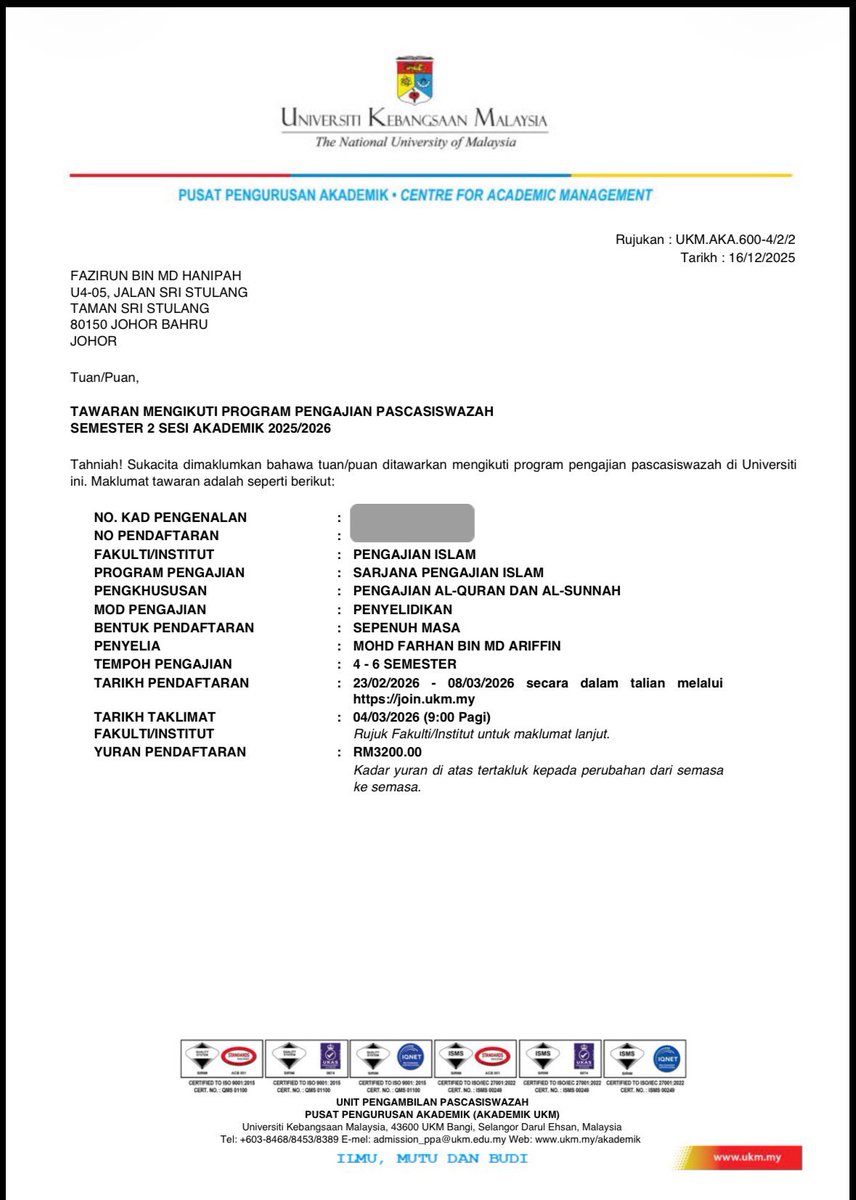 Alhamdulillah, bermula sebuah perjalanan menuntut ilmu yang seterusnya.

In sha Allah misi ini akan diteruskan hingga ke peringkat PhD. Trust the process🤲🏻