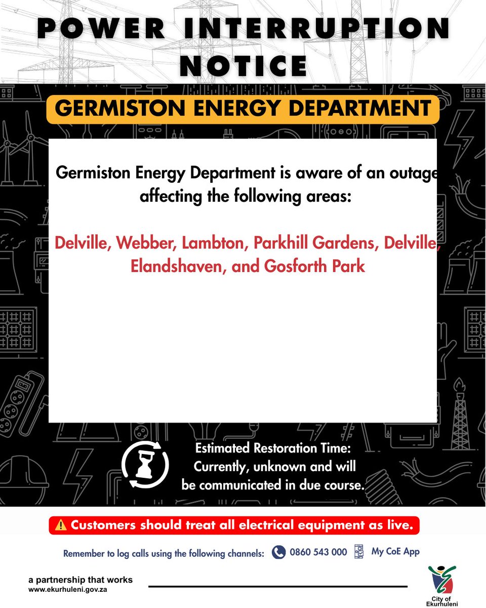 Sanibonani bahlali base Germiston. Please take note of the following power interruption for the areas listed below.

#COEPower #COEWorks