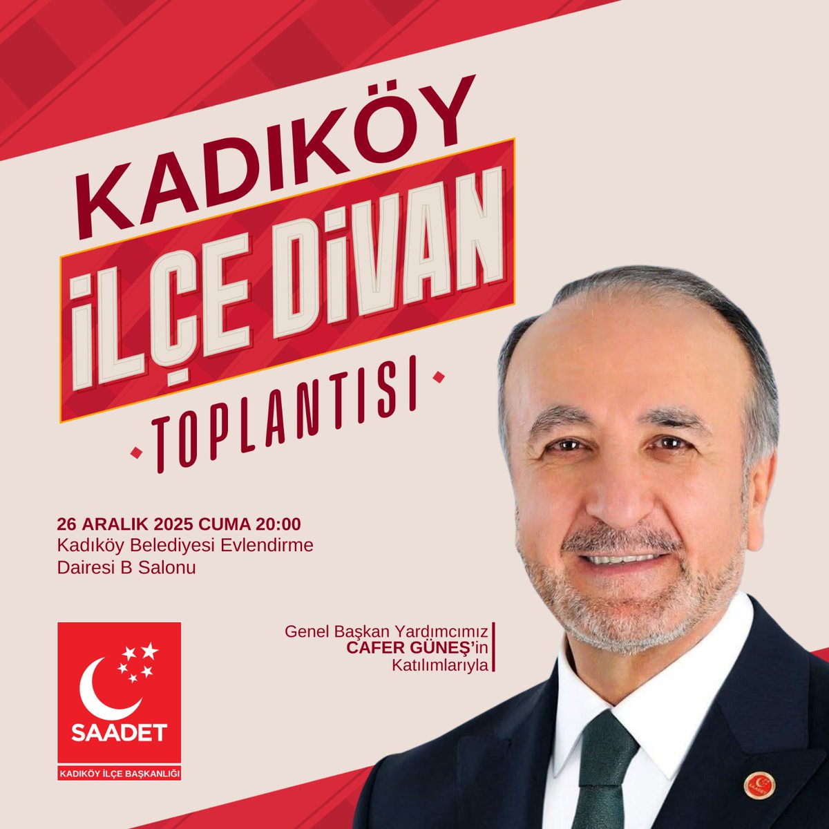 📍Kadıköy Belediyesi Evlendirme Dairesi B Salonu

🗓 26 Aralık 2025

🕰 20:00

🗣 Tüm Halkımız Davetlidir.