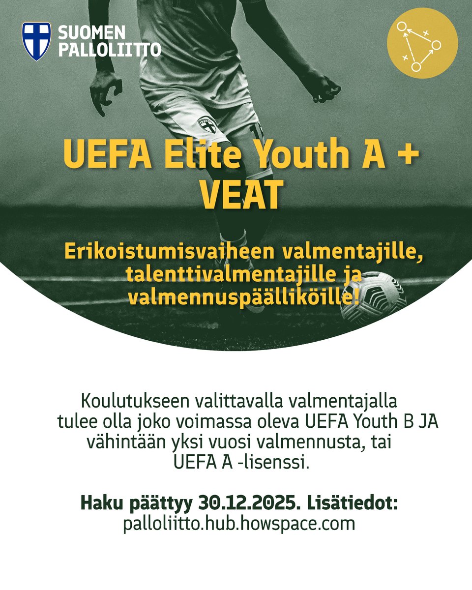 📌 Haku UEFA Elite Youth A + VEAT -koulutukseen on auki!

Lue lisää: palloliitto.fi/ajankohtaista/… 

#Palloliitto