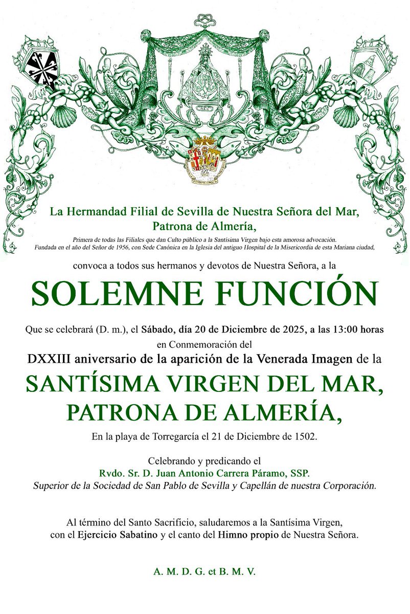 FUNCIÓN SOLEMNE EN EL
DXXIII ANIVERSARIO DE SU
ADMIRABLE APARICIÓN
Sábado 20-12 13:00 horas
Preside <a href="/Juan_1956/">Juan Antonio Carrera Páramo</a>