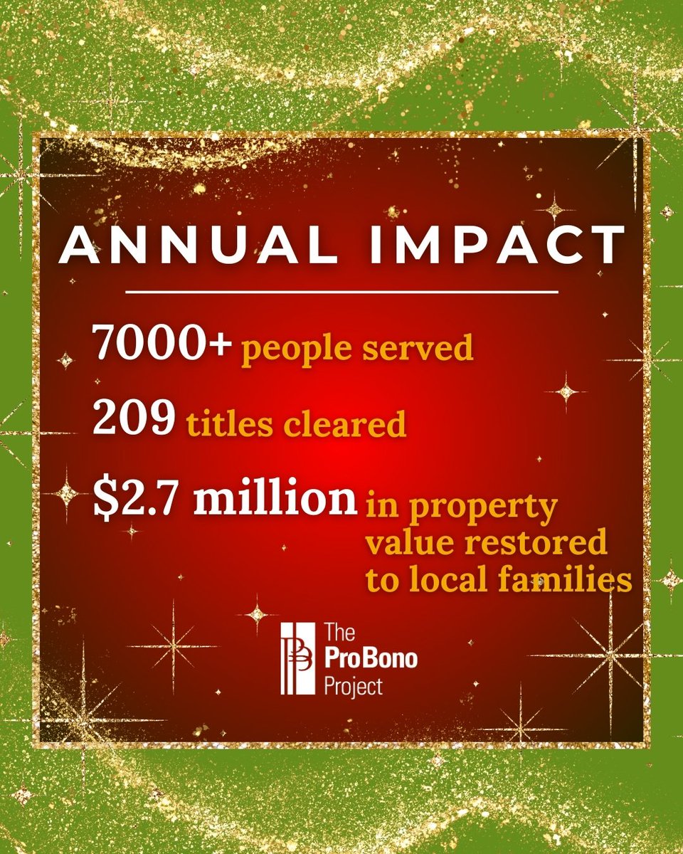 Last year, The Pro Bono Project served 7,000+ individuals and cleared 209 titles, restoring more than $2.7 million in property value to local families. 

Your gift = security and generational wealth for Louisiana families.

Donate here: bit.ly/3Mo3VHF