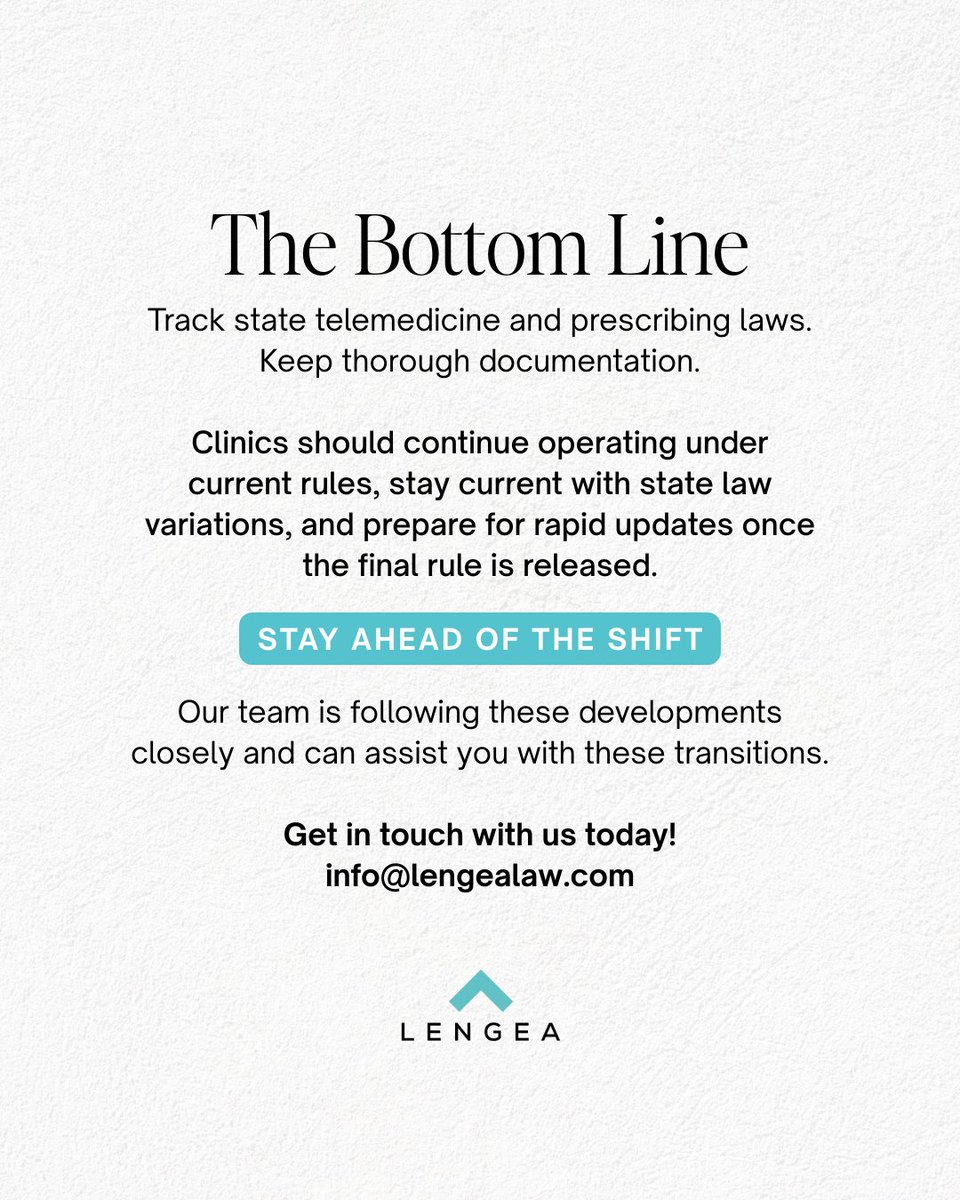 DEA telemedicine flexibilities have been extended, but compliance still matters.

Now’s the time to review prescribing workflows and confirm alignment with DEA and state rules.

Full breakdown: lengealaw.com/dea-moves-to-e…