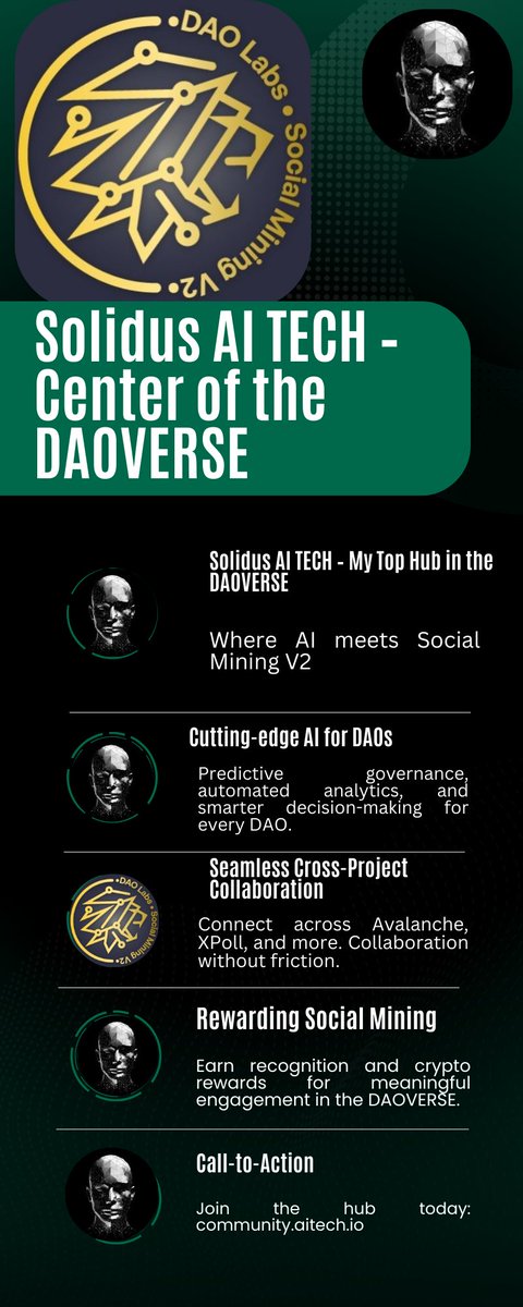 ODamilohun73764's tweet photo. Solidus AI TECH – My Top Hub in the DAOVERSE 

Cutting-edge AI for DAOs
#SolidusHub brings predictive governance, automated analytics, and decision-making tools to DAOs. 

It’s not just participation—it’s smart collaboration that drives real impact.

@TheDAOLabs #SocialMining https://t.co/9Z6hsHR7K0