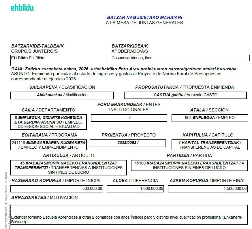 EH Bildu ha presentado dos enmiendas a los presupuestos de la Diputación para 2026 centradas en Basauri, con el objetivo de impulsar los terrenos de oportunidad, la actividad económica y el empleo.
<a href="/ehbildubizkaia/">EH Bildu Bizkaia</a>